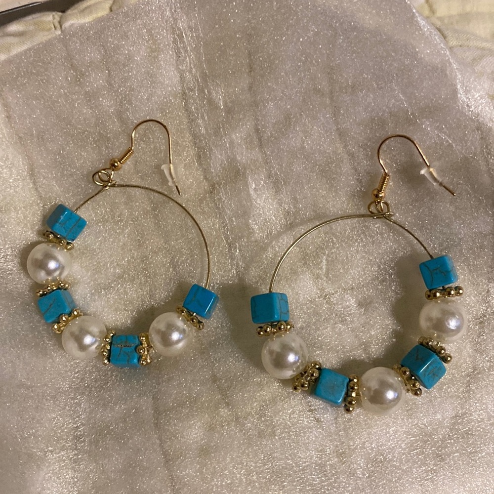 Pearl & Turquoise Gold Hoop Earrings